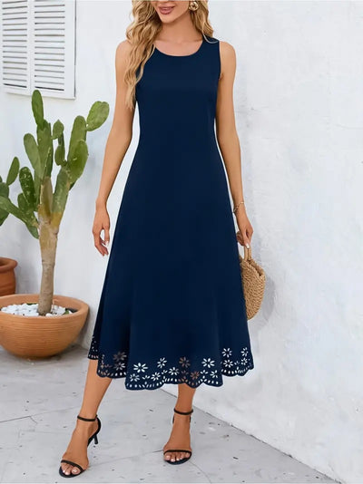 Women's Sleeveless Laser-Cut Floral Pattern Midi Imported Crepe Dress, 34051