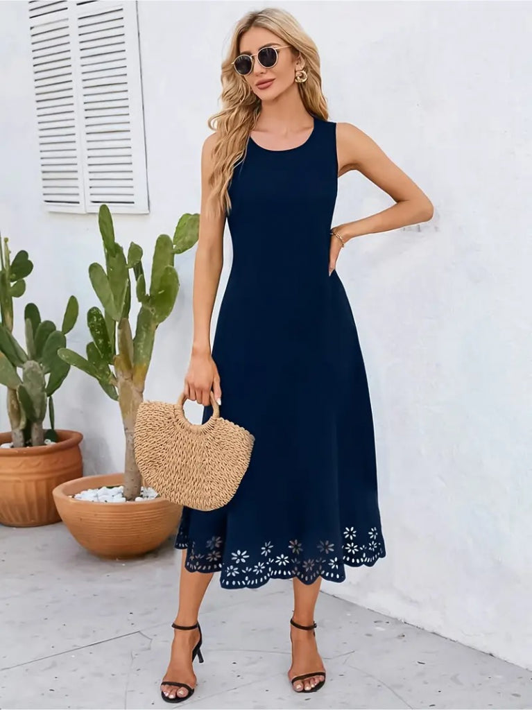 Women's Sleeveless Laser-Cut Floral Pattern Midi Imported Crepe Dress, 34051