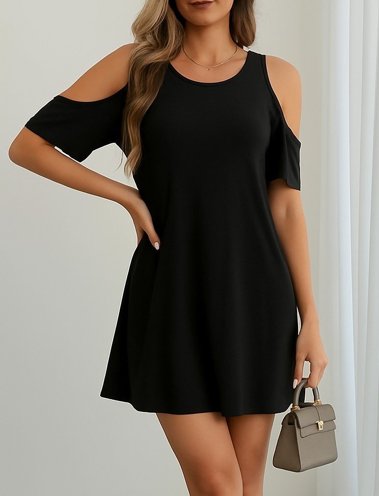 Women's Short Sleeve Shoulder Window Detail Flared Viscose Dress, 16996