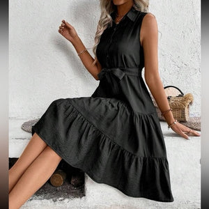 Rochie midi pentru femei, cu mânecă scurtă, guler cămașă, nasturi și curea, din material țesut în straturi, 17152
