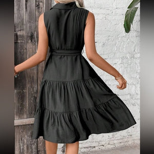 Rochie midi pentru femei, cu mânecă scurtă, guler cămașă, nasturi și curea, din material țesut în straturi, 17152
