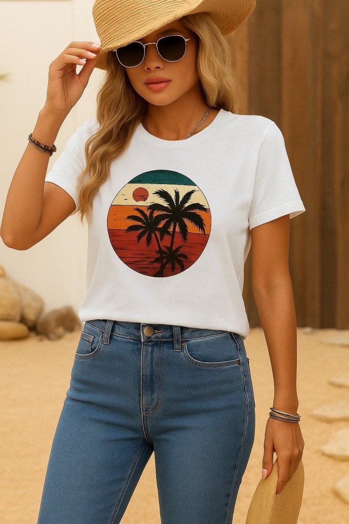 Kadın Kısa Kollu Palmiye Baskılı Viskon T-shirt, 34004