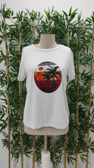Kadın Kısa Kollu Palmiye Baskılı Viskon T-shirt, 34004