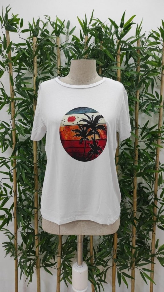 Kadın Kısa Kollu Palmiye Baskılı Viskon T-shirt, 34004