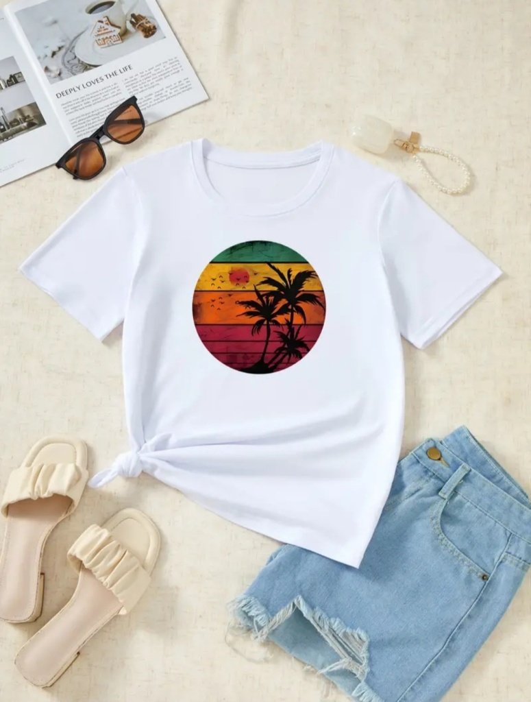 Kadın Kısa Kollu Palmiye Baskılı Viskon T-shirt, 34004