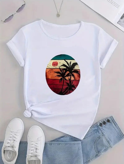 Kadın Kısa Kollu Palmiye Baskılı Viskon T-shirt, 34004