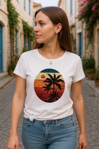Kadın Kısa Kollu Palmiye Baskılı Viskon T-shirt, 34004