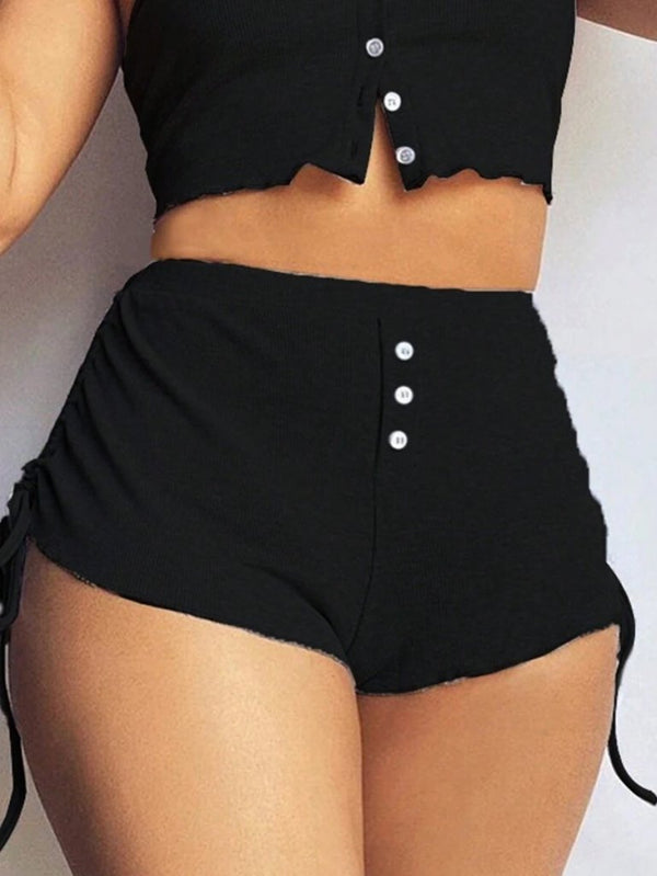 Set de damă cu bluză scurtă și bretele și pantaloni scurți tip camisol, format din două piese, cu încrețituri laterale, 17812