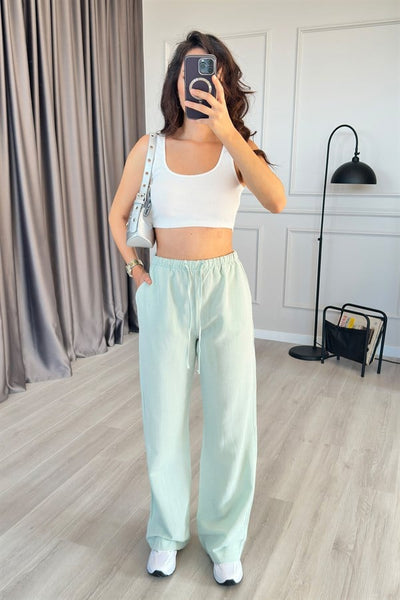 Pantaloni de Gros din In Menta cu Legătură la Talie