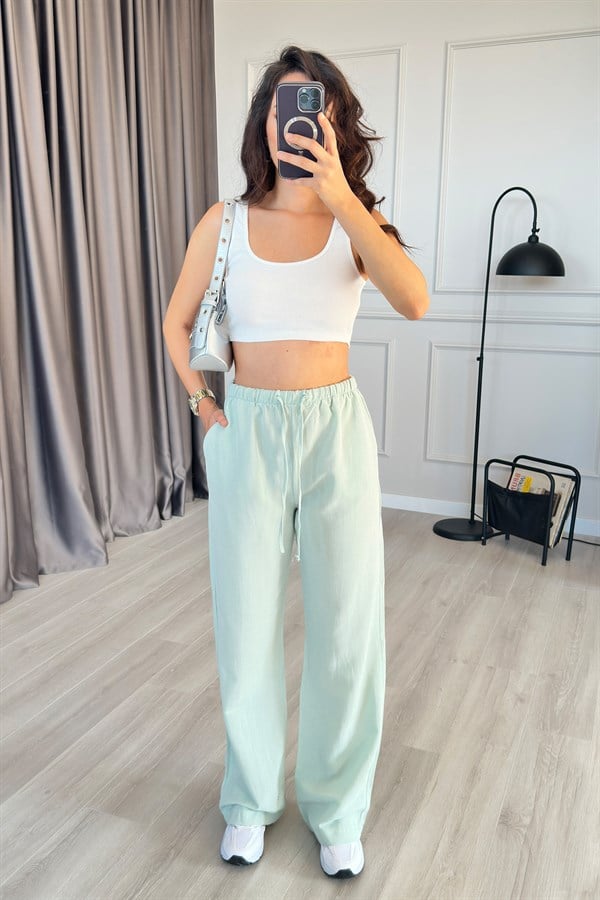 Beli Bağcık Bağlamalı Mint Keten Toptan Pantolon