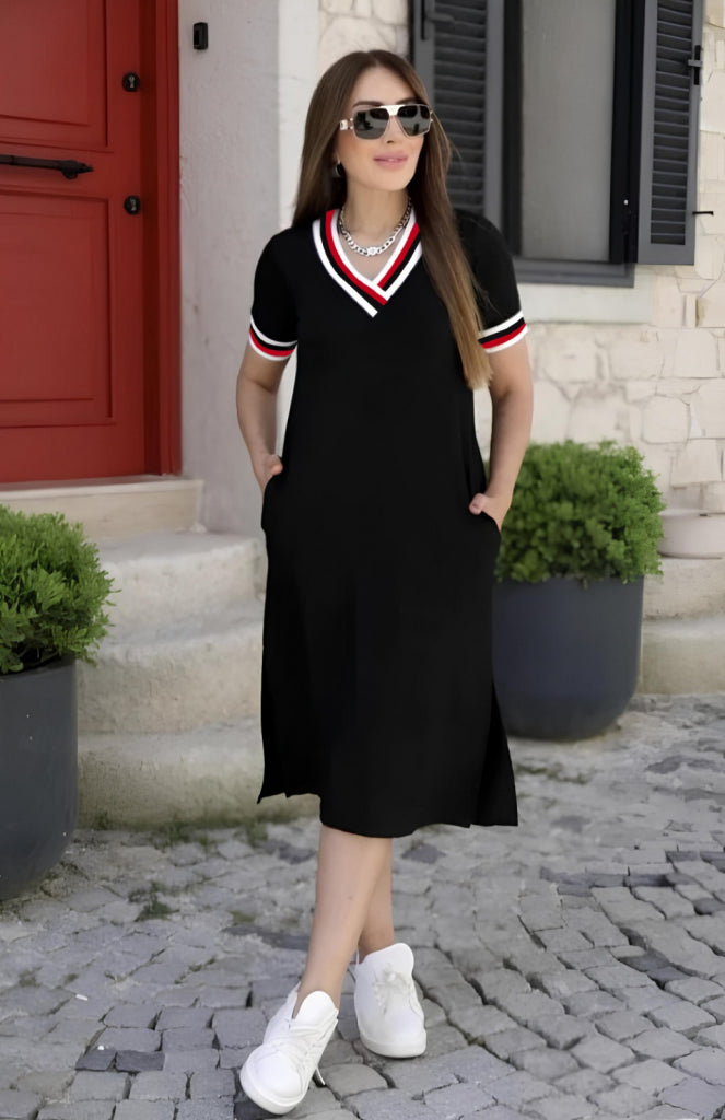 Rochie midi damă din viscoză, cu mânecă scurtă, decolteu în V și detalii din raiat, 37159