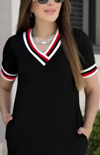 Kadın Kısa Kollu V Yaka Ribana Detay Midiboy Viskon Elbise, 37159
