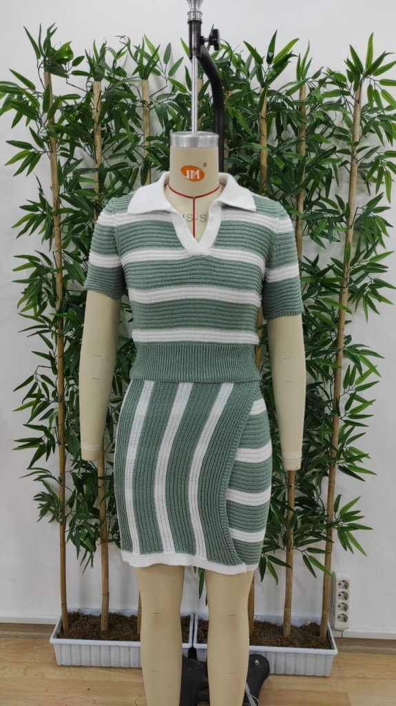 Kadın Kısa Kollu Polo Yaka Crop Asimetrik Mini Triko Etek Ikili Takım , 18199