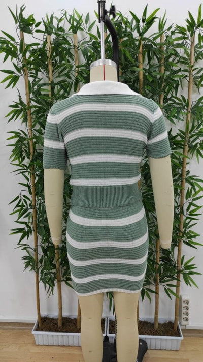 Kadın Kısa Kollu Polo Yaka Crop Asimetrik Mini Triko Etek Ikili Takım , 18199
