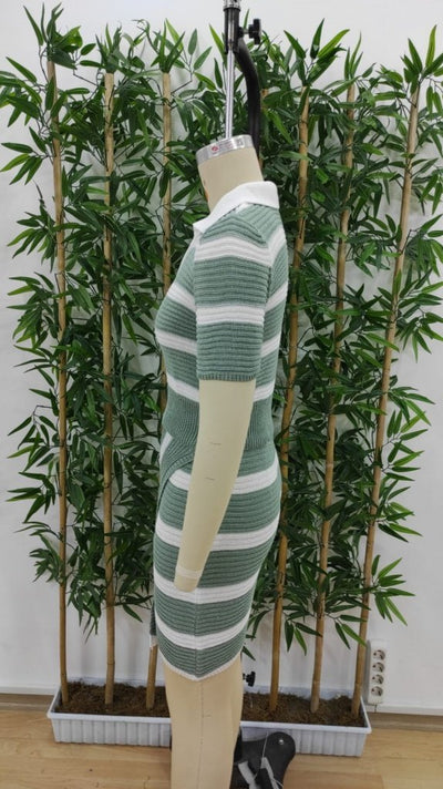 Kadın Kısa Kollu Polo Yaka Crop Asimetrik Mini Triko Etek Ikili Takım , 18199