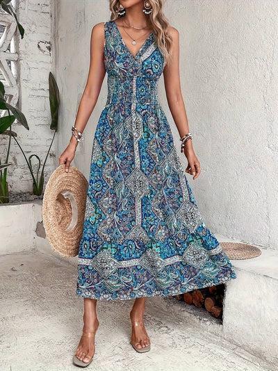 Rochie de damă din suprafin cu model etnic și talie elastică, fără mâneci, 31184