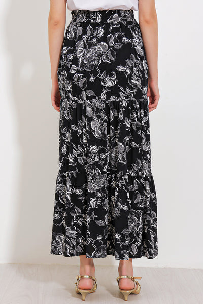 Kadın Siyah Desenli Uzun Viskon Etek 1898