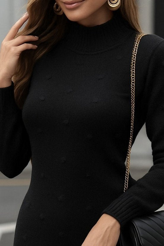Rochie Mini Tricotată cu Guler Înalt și Mâneci Lungi, 28237
