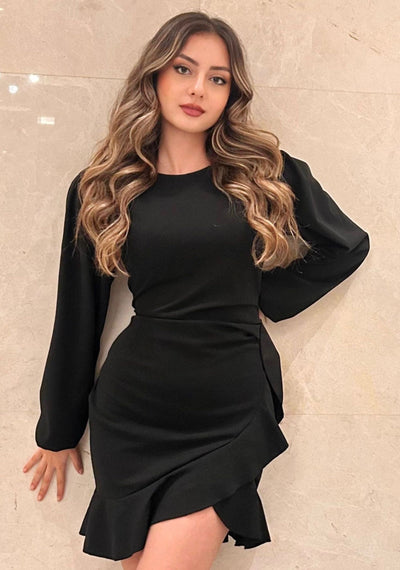Rochie de damă din crep importat, cu mânecă lungă, guler rotund și volane în față, 31641