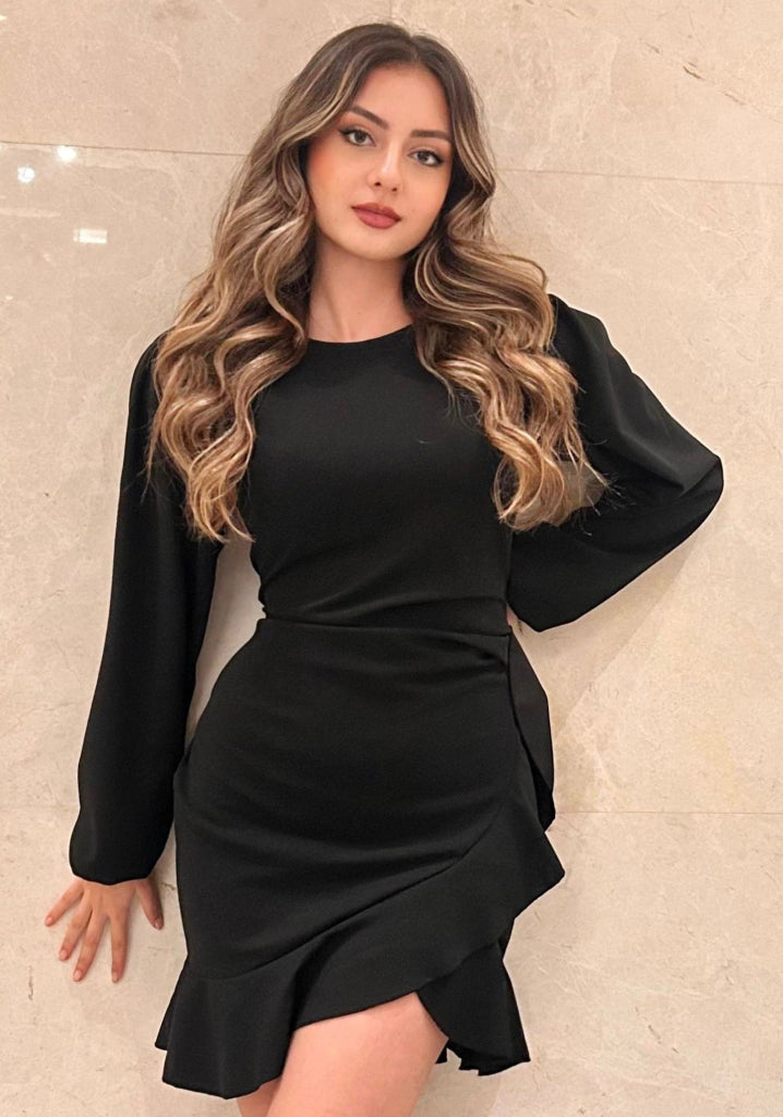 Rochie de damă din crep importat, cu mânecă lungă, guler rotund și volane în față, 31641