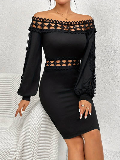 Rochie de damă din fleece periat, cu mânecă lungă, decolteu Madonna, guler fără mâneci, talie, detalii din dantelă, 27899