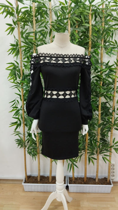 Rochie de damă din fleece periat, cu mânecă lungă, decolteu Madonna, guler fără mâneci, talie, detalii din dantelă, 27899