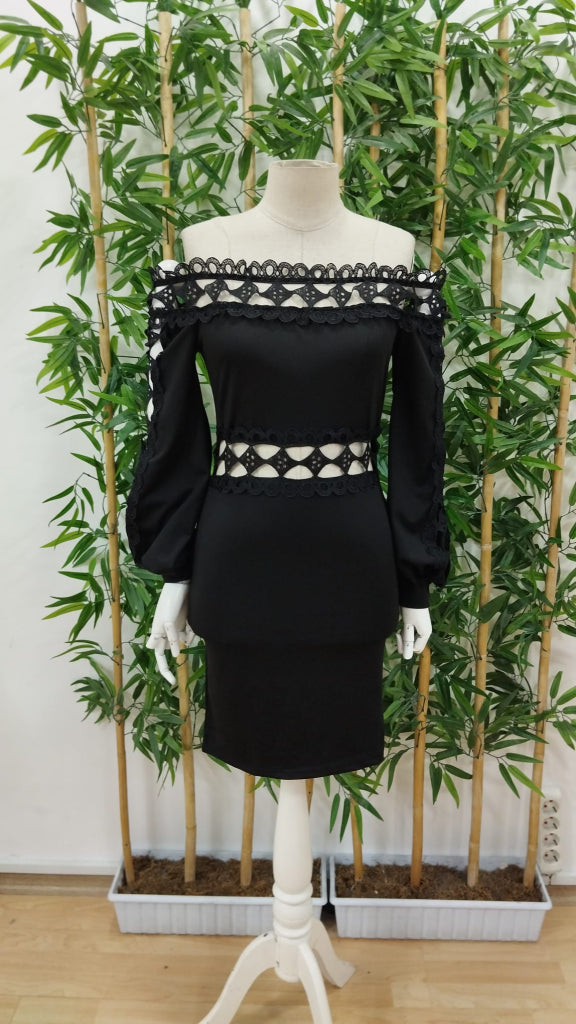 Rochie de damă din fleece periat, cu mânecă lungă, decolteu Madonna, guler fără mâneci, talie, detalii din dantelă, 27899