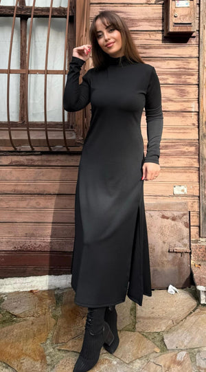 Kadın Uzun Kollu Balıkçı Yaka Derin Yırtmaç Detay Modal Elbise , 32165