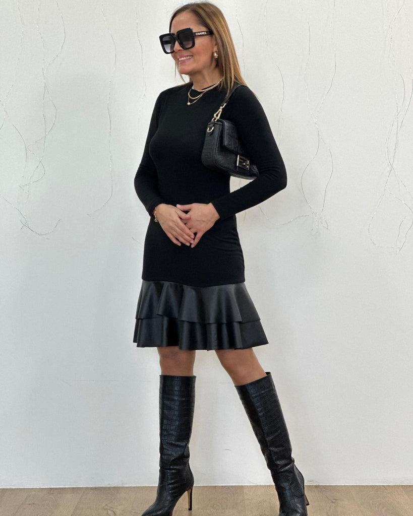 Rochie scurtă de damă cu mânecă lungă și guler la baza gâtului, cu tiv din piele, din vâscoză, 27058