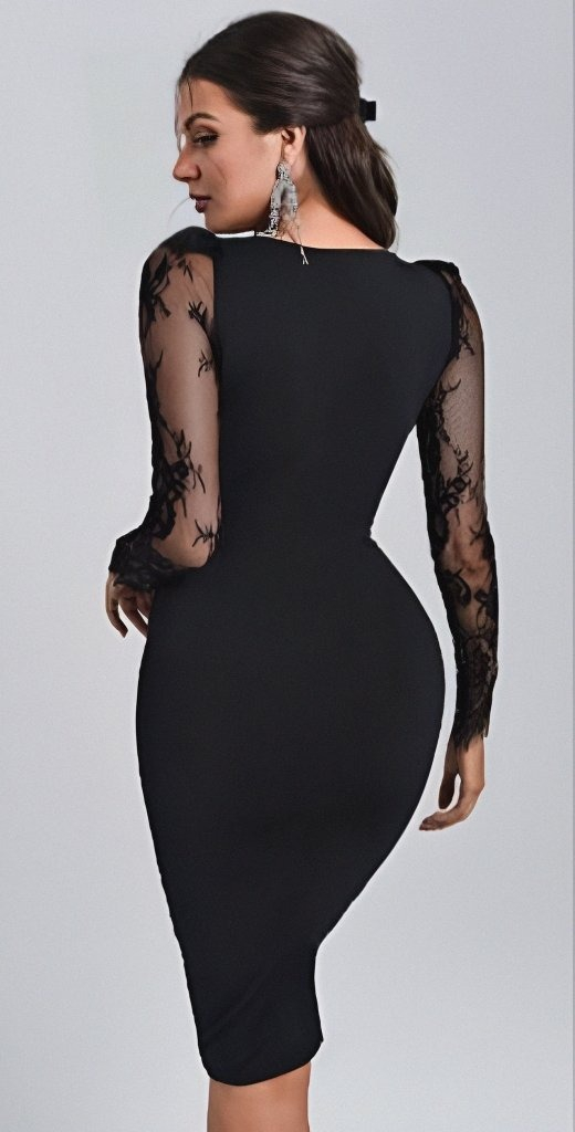 Rochie mini din crepă cu mâneci lungi, guler încrucișat, detaliu tul la manșete, 29948