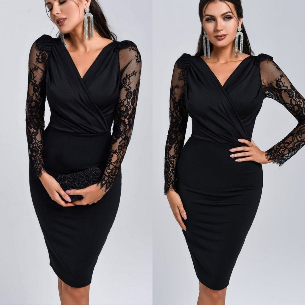Rochie mini din crepă cu mâneci lungi, guler încrucișat, detaliu tul la manșete, 29948