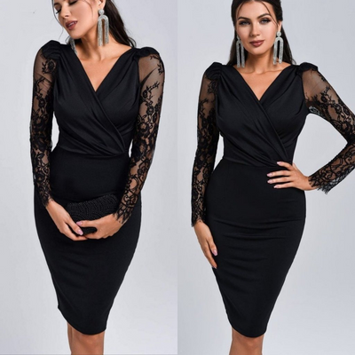 Rochie mini din crepă cu mâneci lungi, guler încrucișat, detaliu tul la manșete, 29948