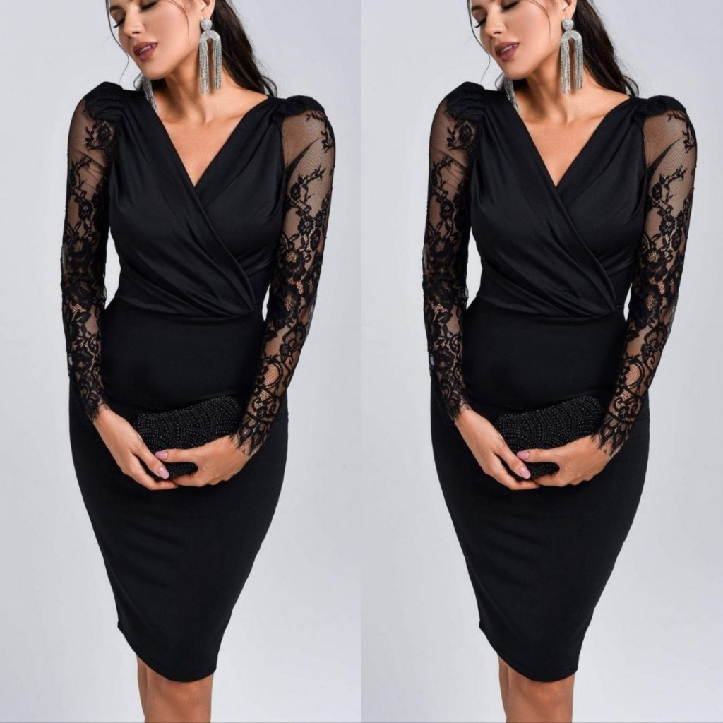 Rochie mini din crepă cu mâneci lungi, guler încrucișat, detaliu tul la manșete, 29948