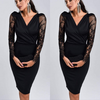 Rochie mini din crepă cu mâneci lungi, guler încrucișat, detaliu tul la manșete, 29948