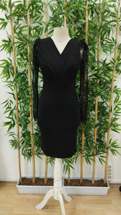 Rochie mini din crepă cu mâneci lungi, guler încrucișat, detaliu tul la manșete, 29948