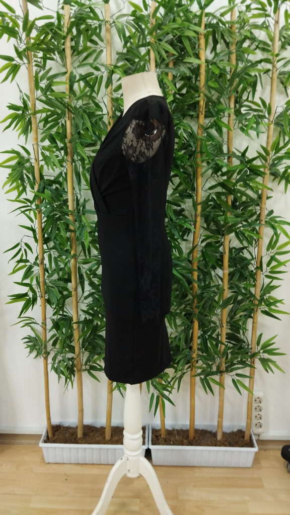 Rochie mini din crepă cu mâneci lungi, guler încrucișat, detaliu tul la manșete, 29948