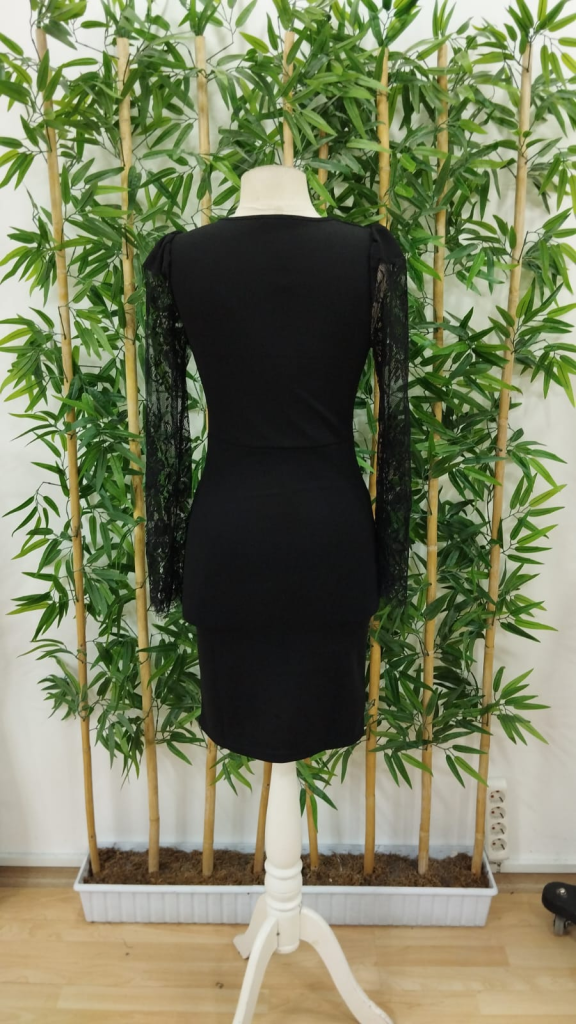 Rochie mini din crepă cu mâneci lungi, guler încrucișat, detaliu tul la manșete, 29948