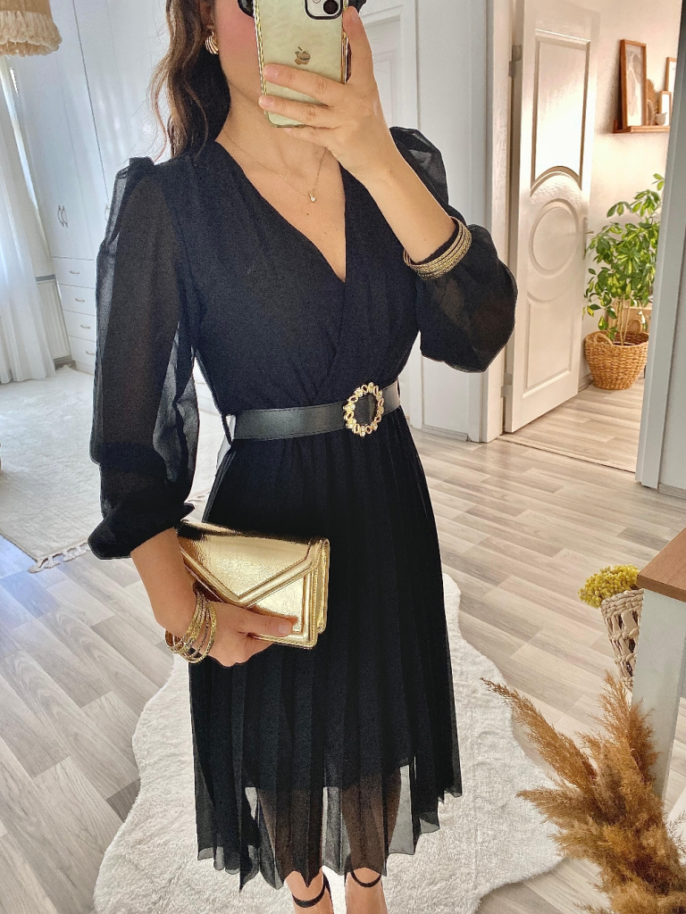 Rochie midi din șifon pentru femei, croit clopot, guler crăciun, 35833