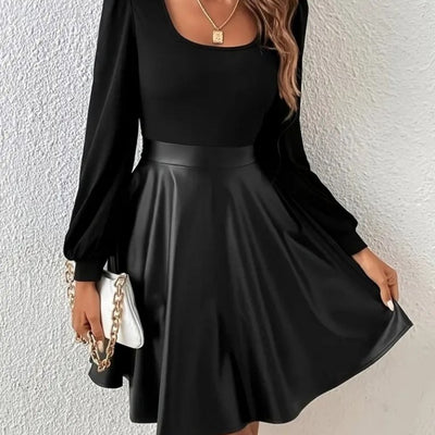 Rochie mini pentru femei cu mânecă lungă, decolteu pătrat, cu partea de sus din viscoză și partea de jos din piele, 32931