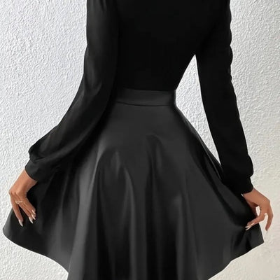 Rochie mini pentru femei cu mânecă lungă, decolteu pătrat, cu partea de sus din viscoză și partea de jos din piele, 32931