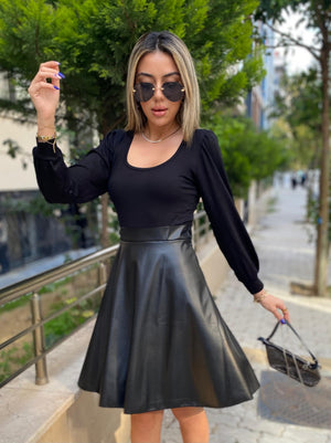 Kadın Uzun Kollu Kare Yaka üst Viskon Alt Deri Mini Elbise , 32931