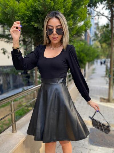 Rochie mini pentru femei cu mânecă lungă, decolteu pătrat, cu partea de sus din viscoză și partea de jos din piele, 32931