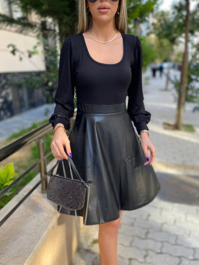 Rochie mini pentru femei cu mânecă lungă, decolteu pătrat, cu partea de sus din viscoză și partea de jos din piele, 32931