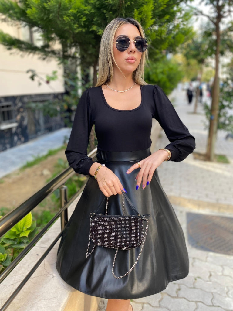 Rochie mini pentru femei cu mânecă lungă, decolteu pătrat, cu partea de sus din viscoză și partea de jos din piele, 32931