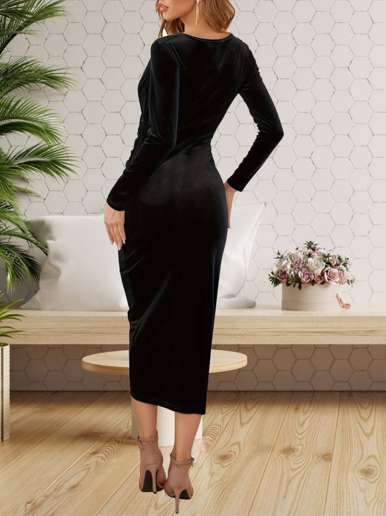 Rochie din velur midi cu guler încrucișat, mâneci lungi și fronseu la talie, pentru femei, 27719