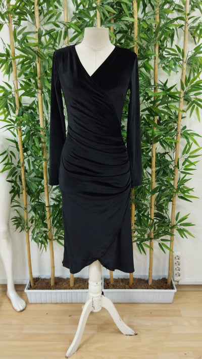 Rochie din velur midi cu guler încrucișat, mâneci lungi și fronseu la talie, pentru femei, 27719