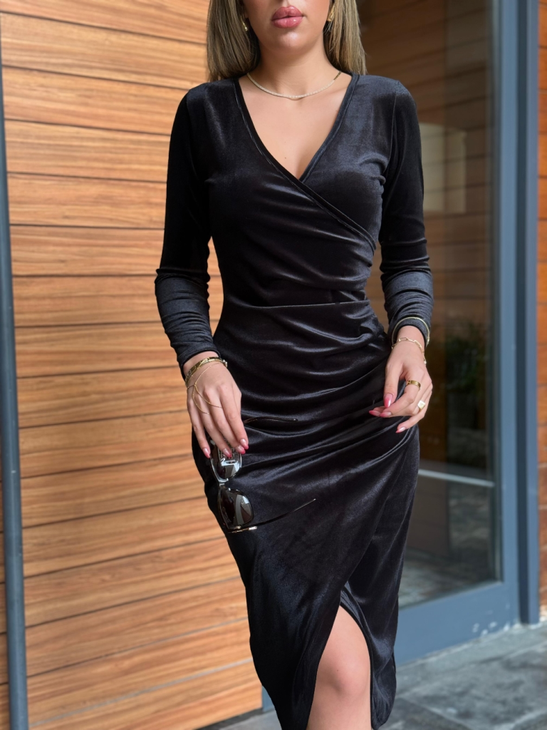 Rochie din velur midi cu guler încrucișat, mâneci lungi și fronseu la talie, pentru femei, 27719
