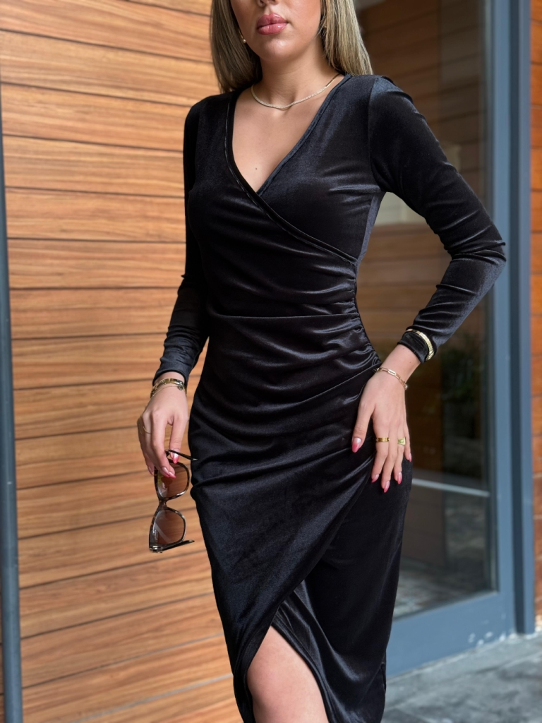 Rochie din velur midi cu guler încrucișat, mâneci lungi și fronseu la talie, pentru femei, 27719