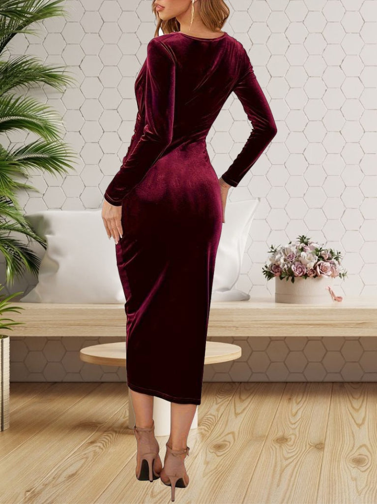 Rochie din velur midi cu guler încrucișat, mâneci lungi și fronseu la talie, pentru femei, 27720