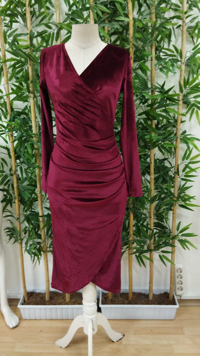 Rochie din velur midi cu guler încrucișat, mâneci lungi și fronseu la talie, pentru femei, 27720